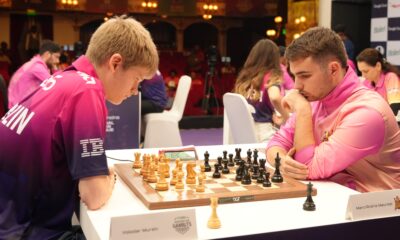 Player of the match Marc'Andria Maurizzi in action with Murzin Volodar at the Tech Mahindra Global Chess League.