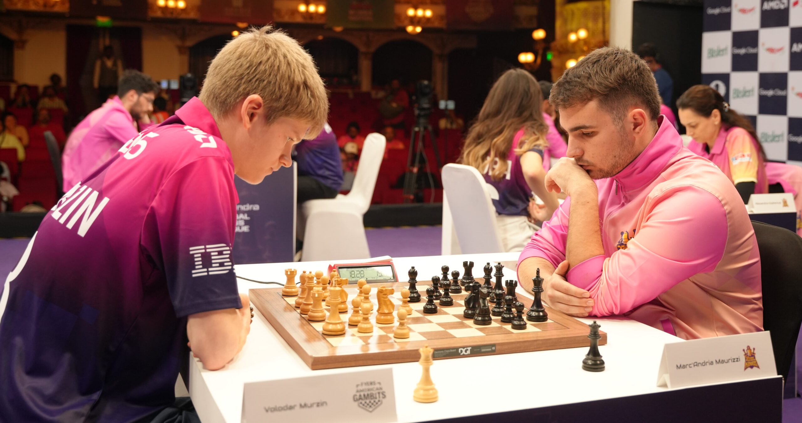 Player of the match Marc'Andria Maurizzi in action with Murzin Volodar at the Tech Mahindra Global Chess League.