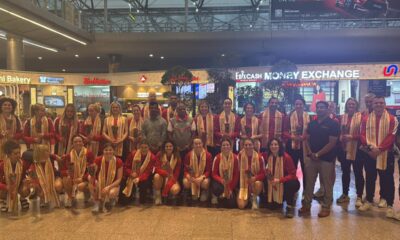 England women's hockey team at the RGIA in Hyderabad