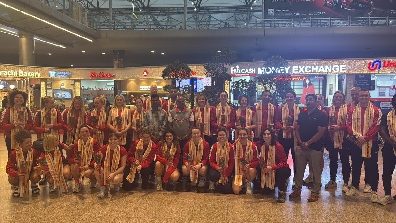 England women's hockey team at the RGIA in Hyderabad