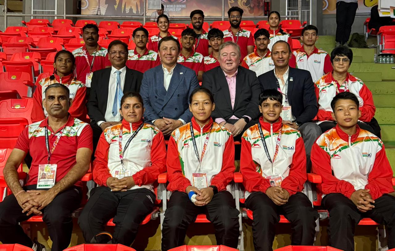 The Indian Futures Cup contingent with BFI president Ajay Singh (centre, left) and WB president Gennadiy Golovkin (centre) in Bangkok
