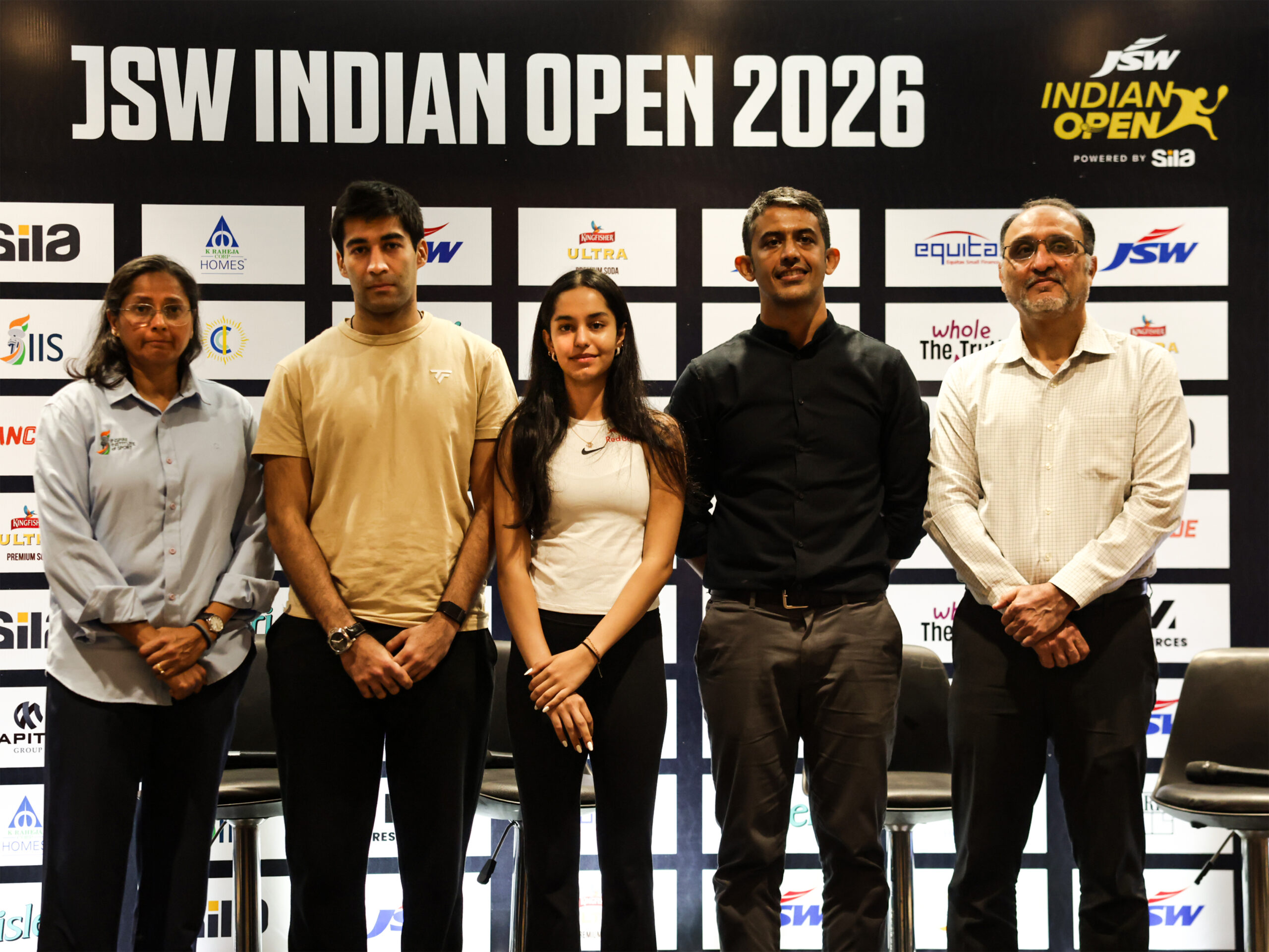 Manisha Malhotra, president of Inspire Institute of Sport, Ramit Tandon, Anahat Singh, Divyanshu Singh, CEO, JSW Sports, Darius Pandole, vice chairman, squash committee, at the JSW Indian Open pre-tournament press conference in Mumbai on Tuesday