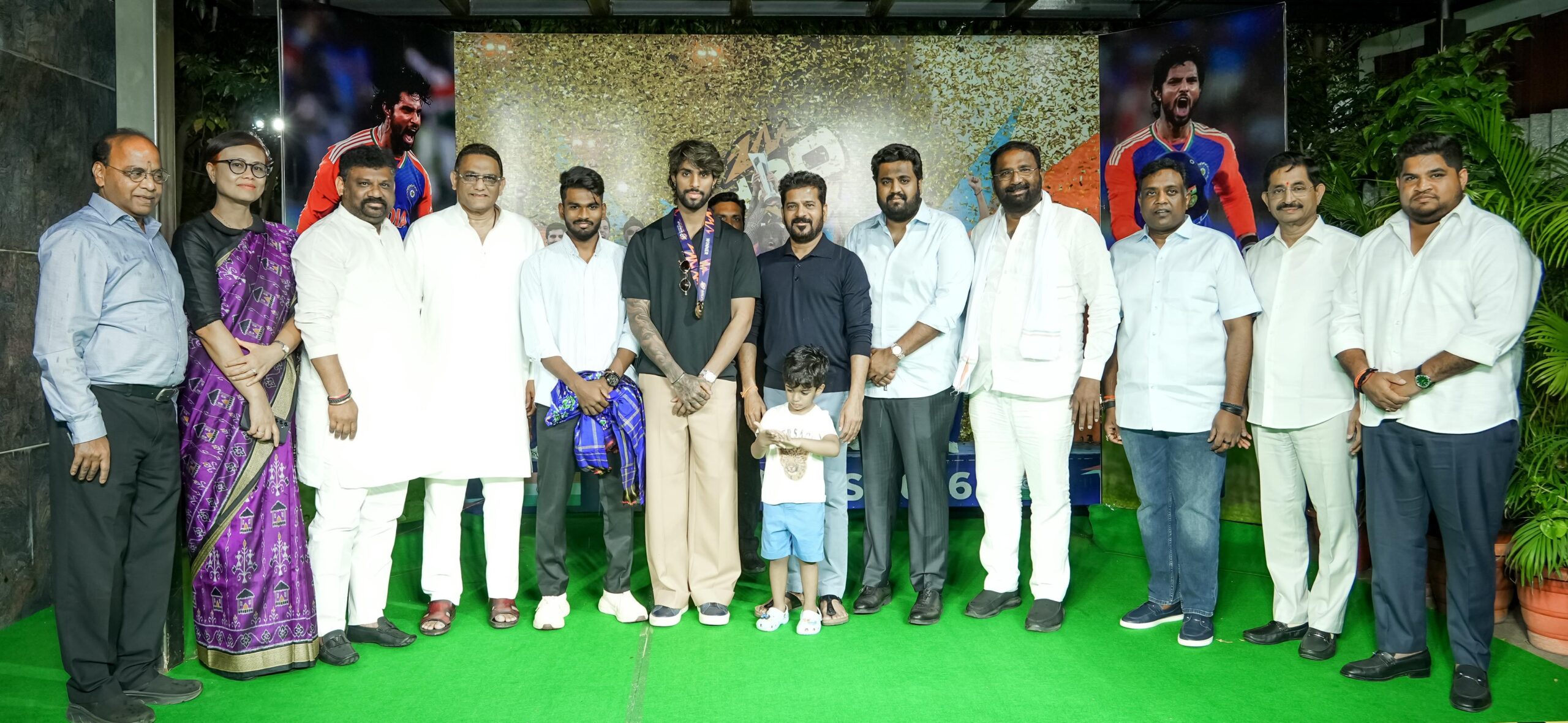 Tilak Varma and Aaron George with CM Revanth Reddy