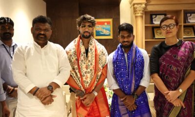 Tilak Varma and Aaron George with SATS top brass