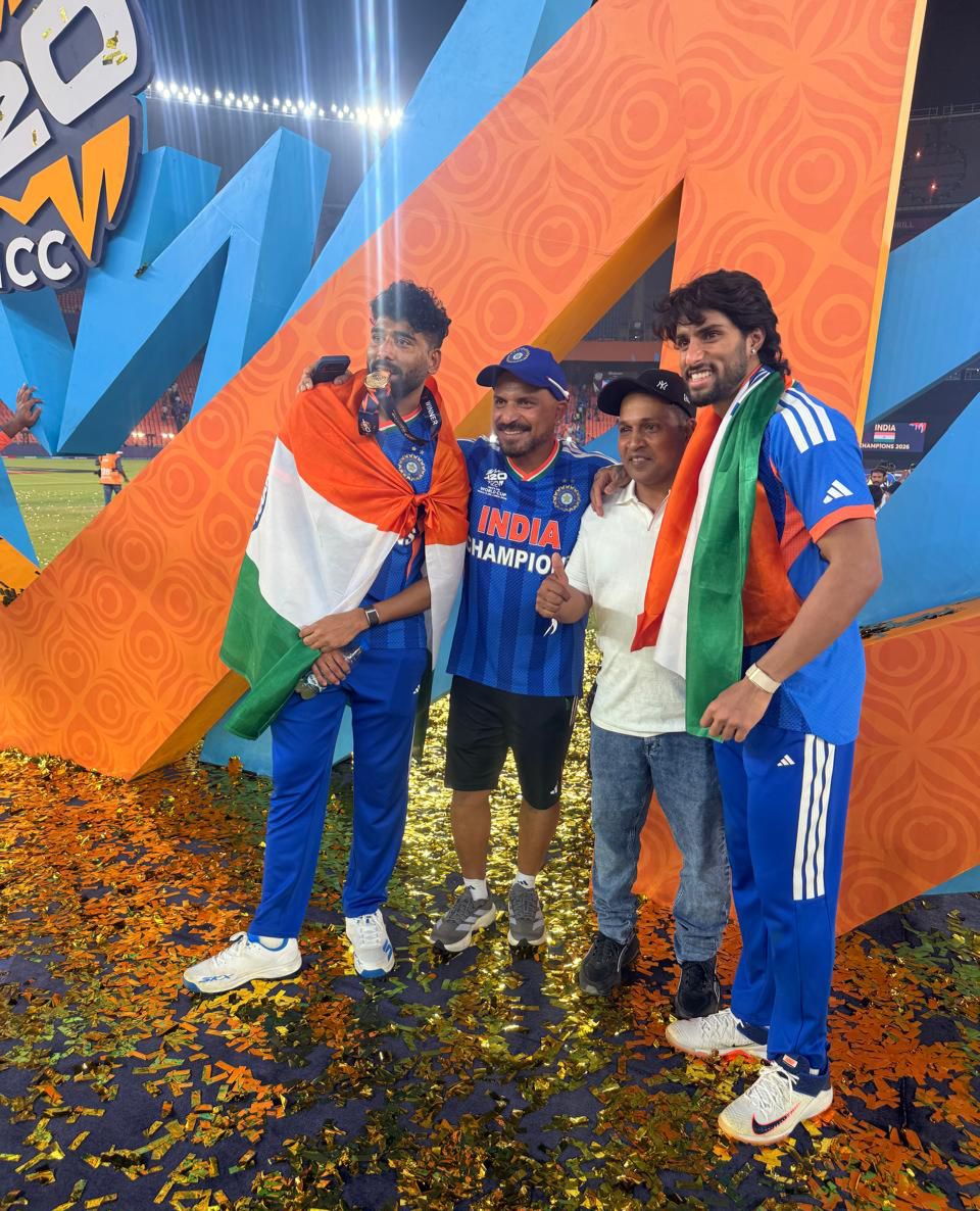 Coach Salam Bayash with Tilak Varma, Mohd Siraj and T Dillp in Ahmedabad on Sunday