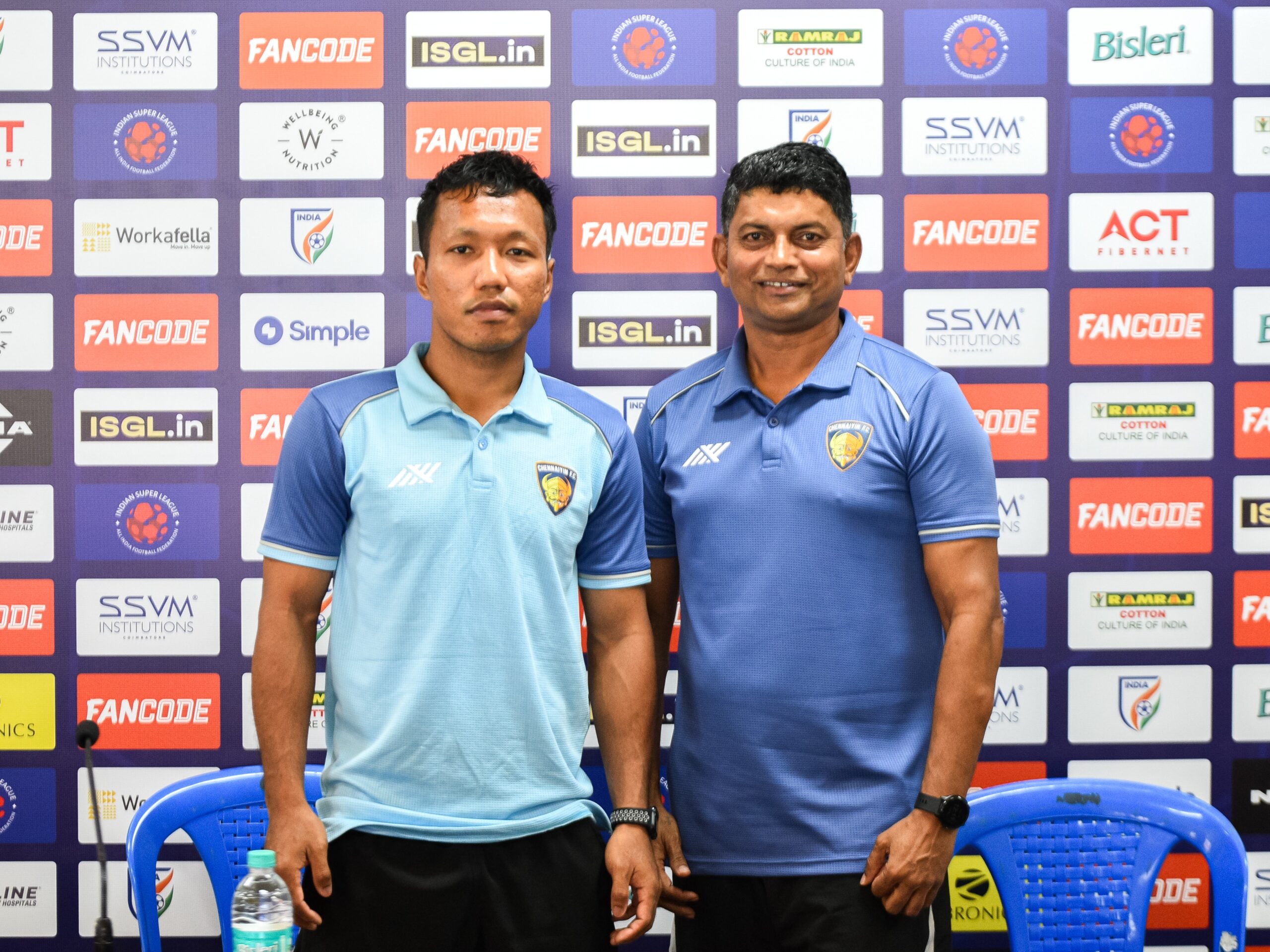 Chenniayin FC defender Laldinliana Renthlei and assistant coach Anthony Fernandes