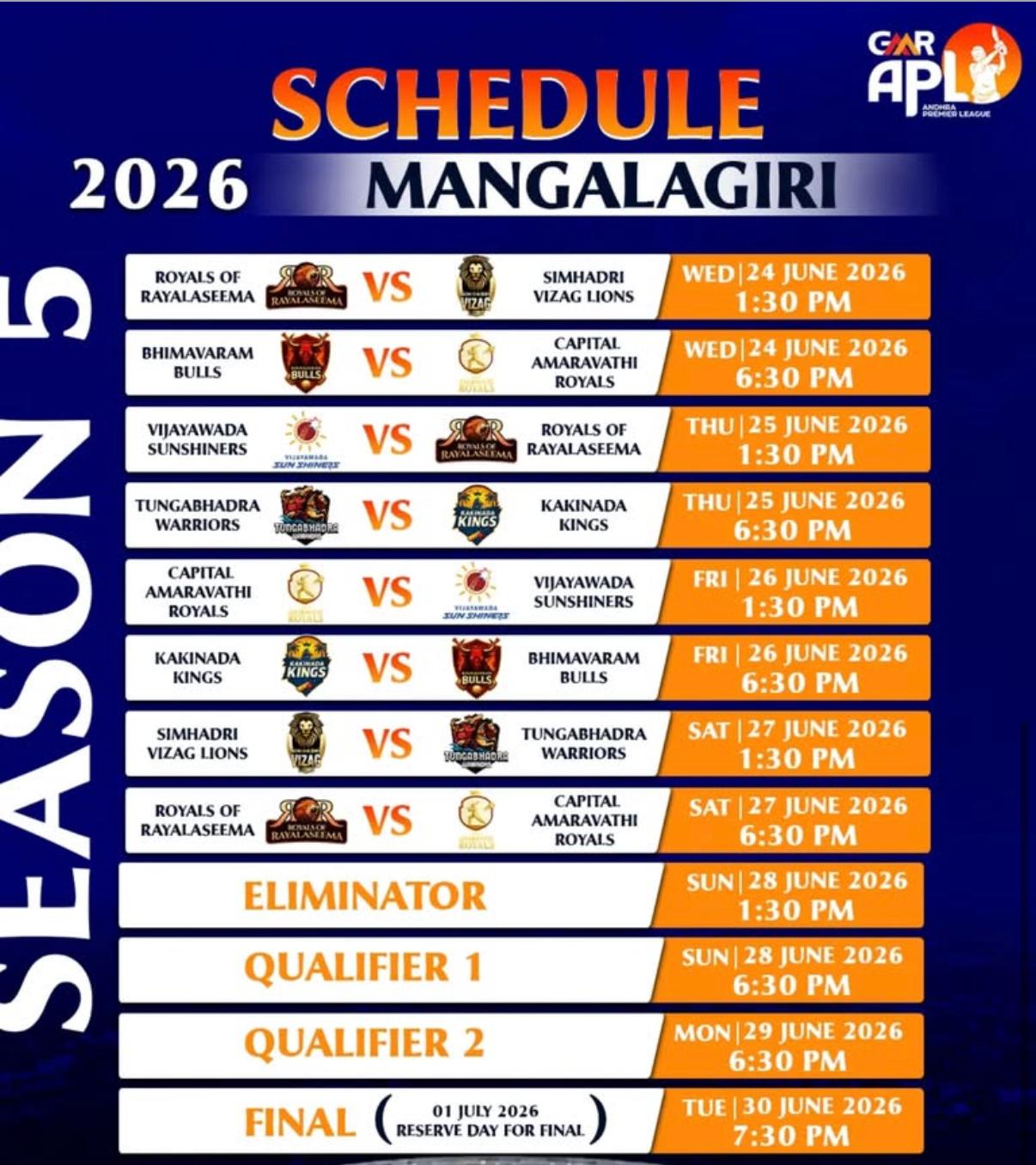 APL Mangalagiri schedule