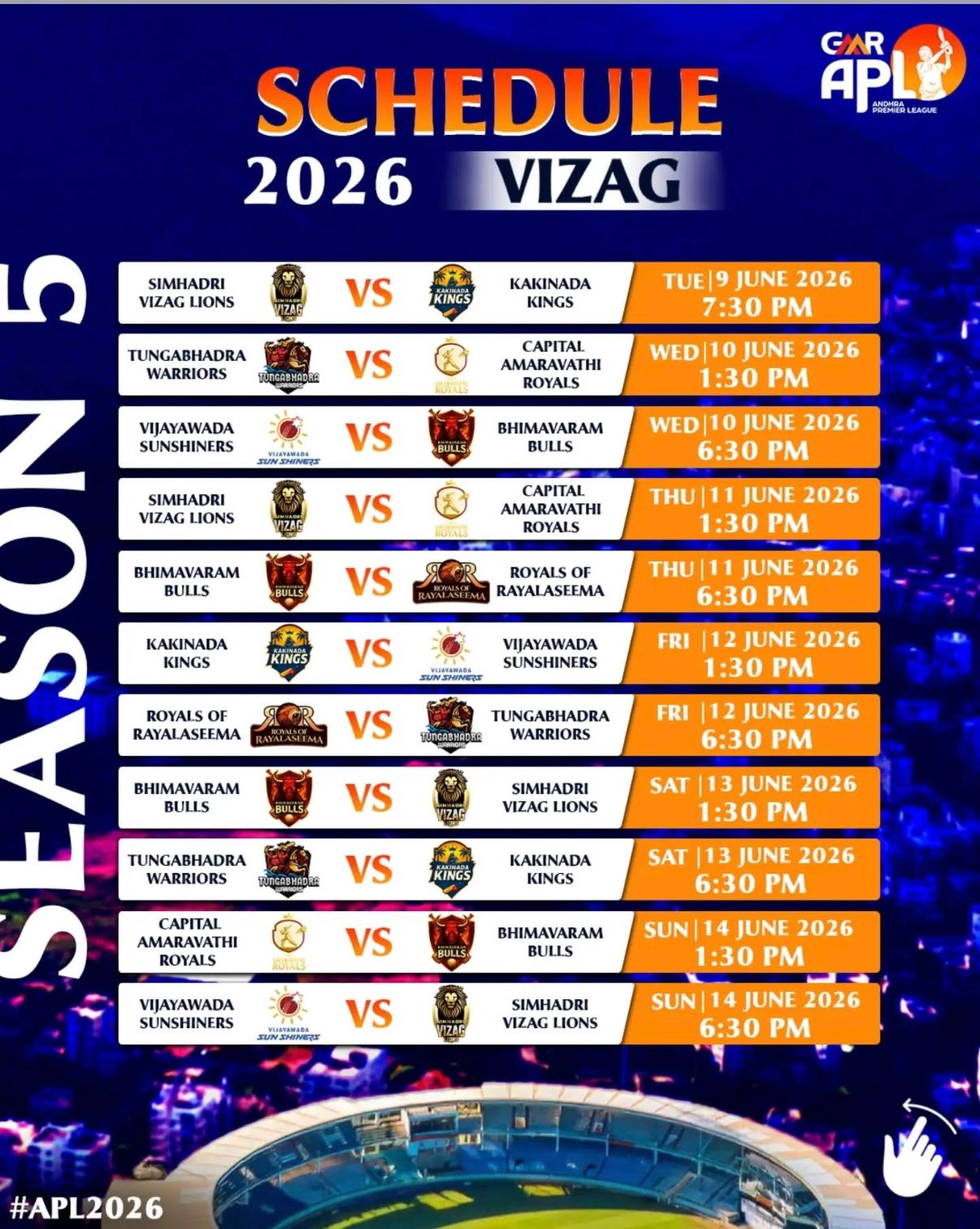 APL Visakhapatnam schedule