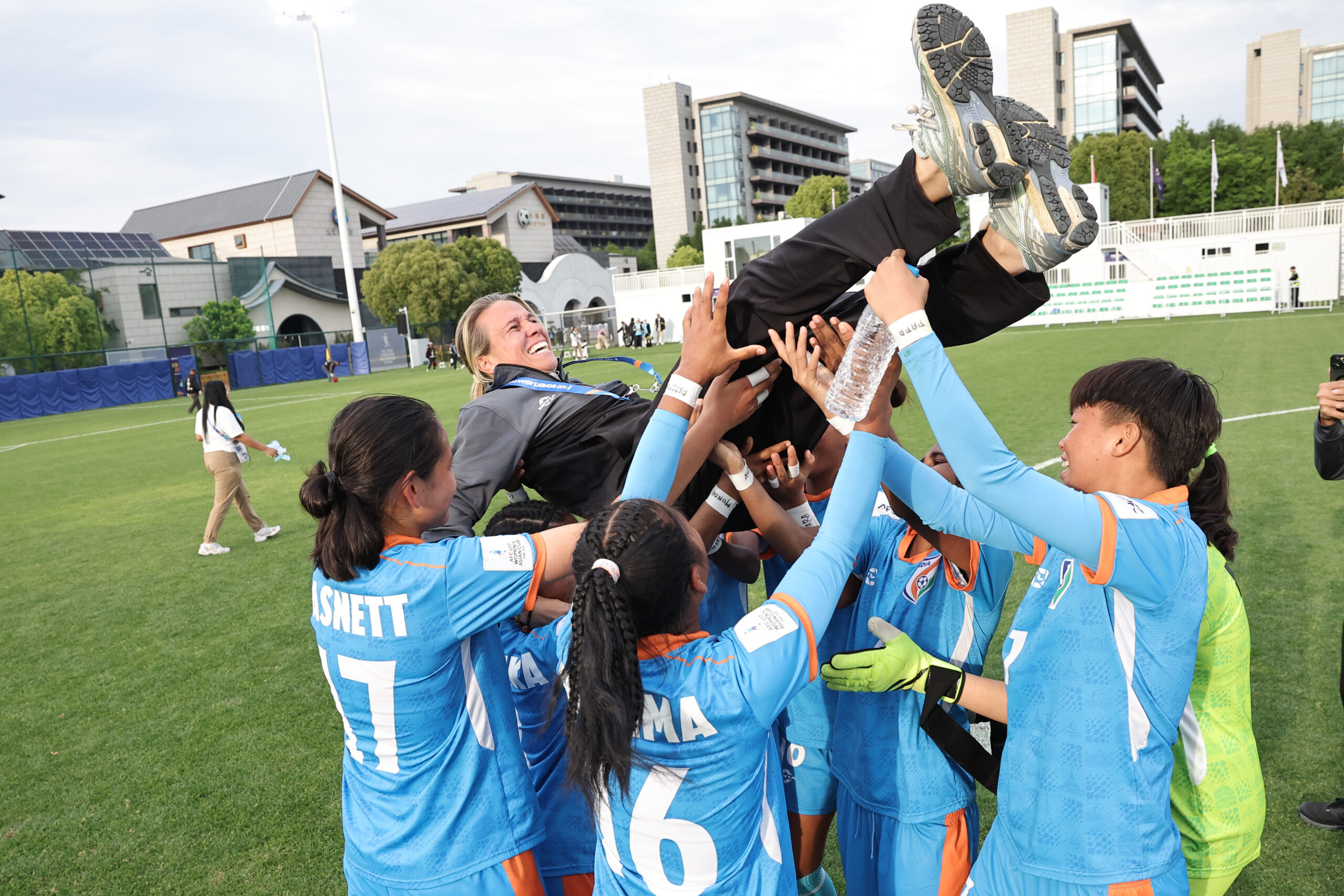 India U-17 players celebrating with coach Pamela Conti