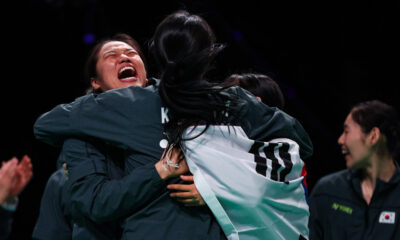 South Korean women celebrate their Uber Cup win