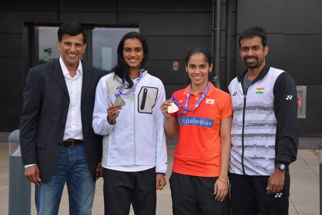 Vimal Kumar with PV Sindhu, Saina Nehwal and P Gopichand