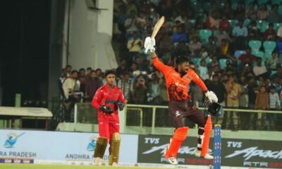 Royals of Rayalseema opener Vamsi Krishna celebrates his century against Bhimavaram Bulls