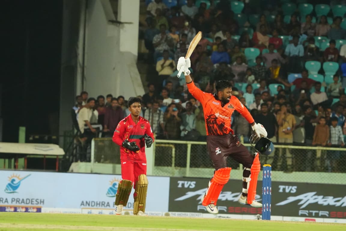 Royals of Rayalseema opener Vamsi Krishna celebrates his century against Bhimavaram Bulls