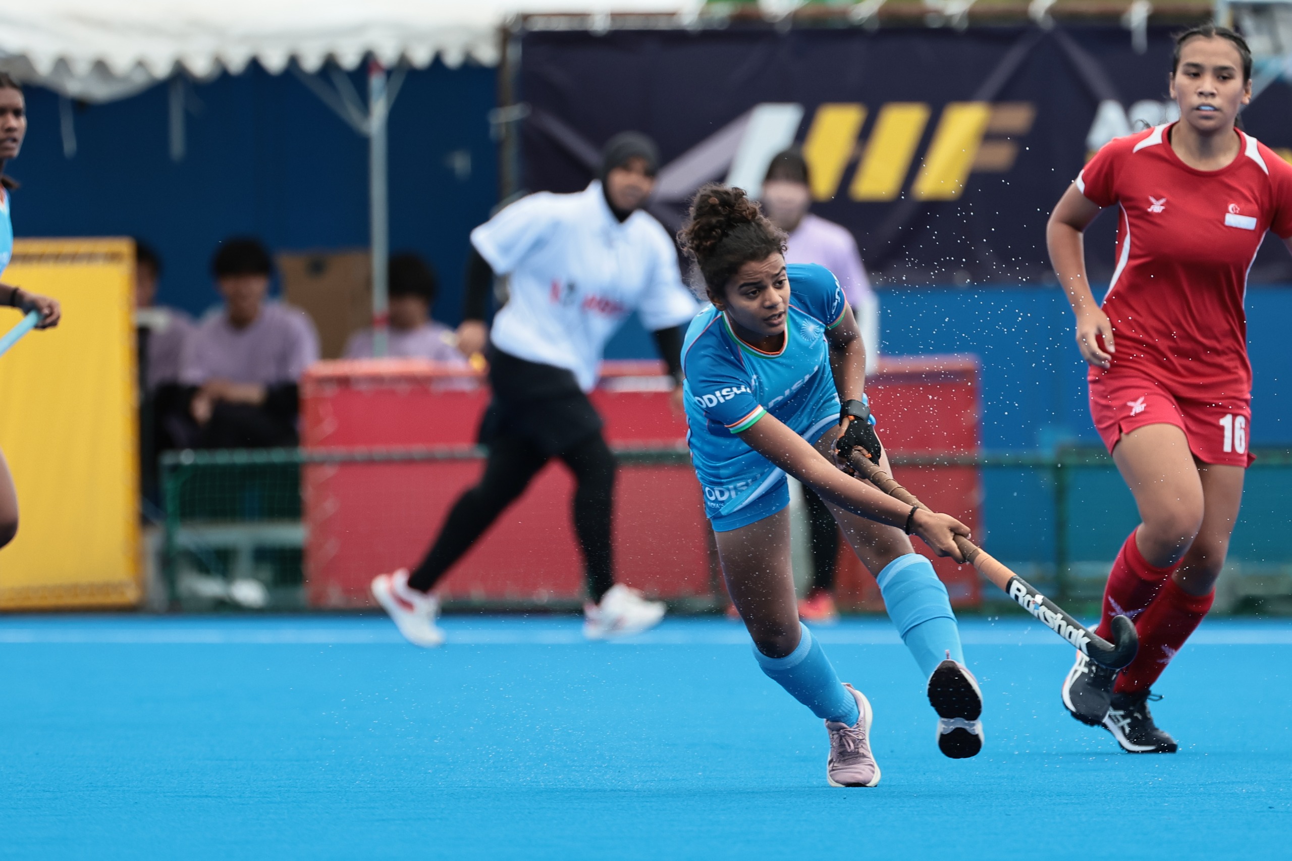 Nousheen Naz, Geethasri Nammi and Sweety Kujur starred in India's 25-0 win over Singapore