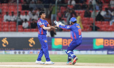 Ranga Reddy Risers' skipper Tanay Thyagarajan celebrates a wicket