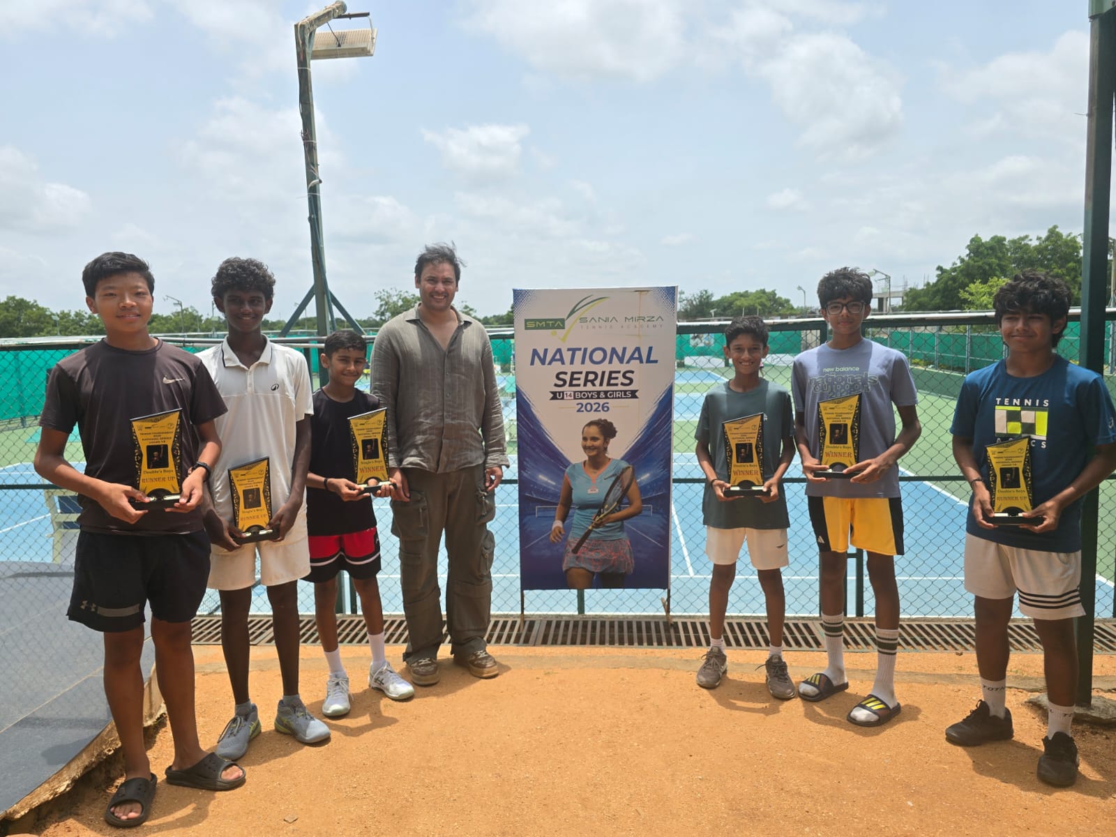 Winners of the Under-14 National Series AITA tournament at the Sania Mirza Tennis Academy