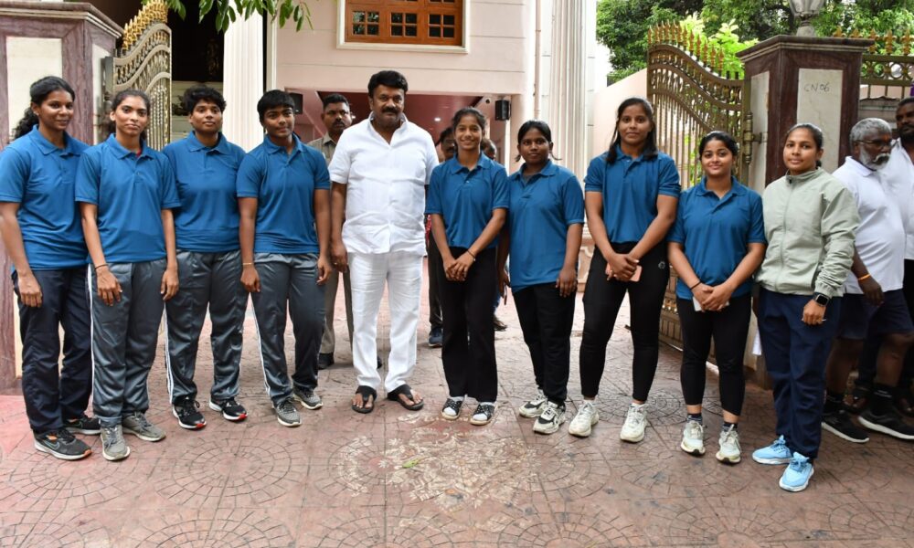Telangana girl wrestlers with MLA Talasani Srinivas Yadav