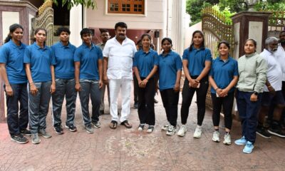Telangana girl wrestlers with MLA Talasani Srinivas Yadav