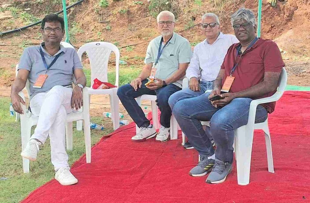 P Harimohan (extreme right) watching Hyderabad Ranji match with fellow selectors Riazuddin and Jyothi Shetty in the 2025-26 season