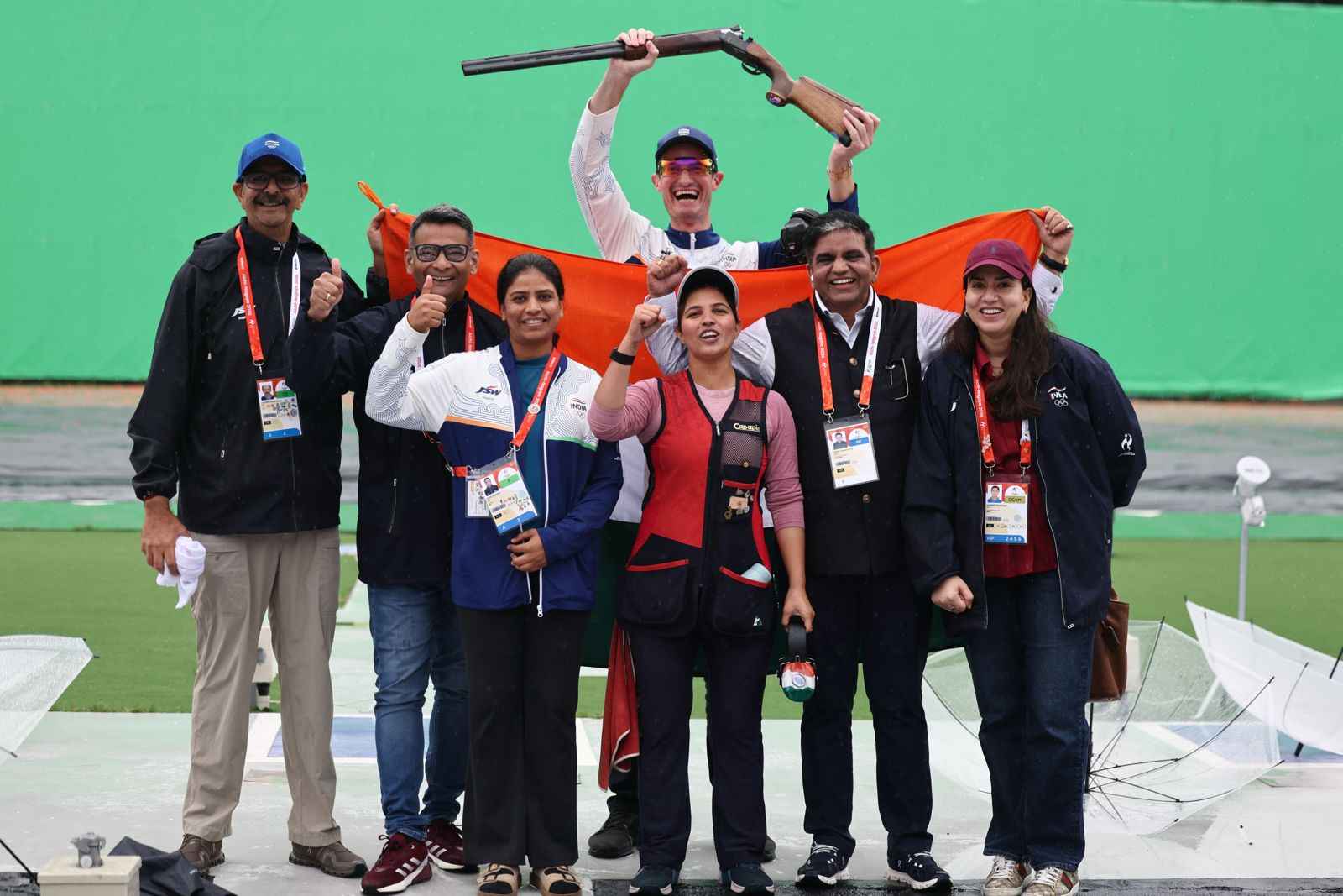 Neeru Dhanda combined with Aashima Ahlawat and Manisha Keer to win silver in the women’s trap team event with a combined score of 328