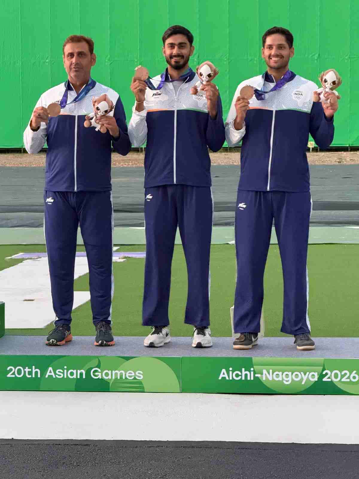 India's men's skeet team of Anantjeet Singh Naruka, Mairaj Ahmed Khan, and Bhavtegh Singh Gill won bronze at the Asian Games