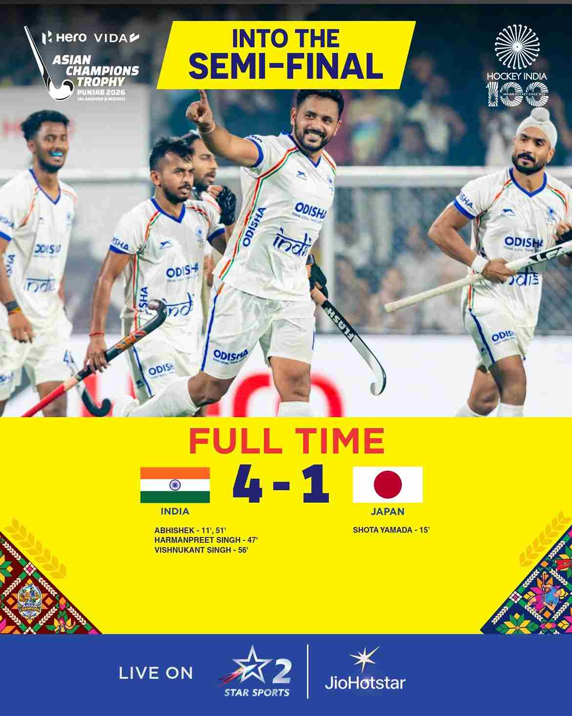 Abhishek helps India book semifinal berth with a 4-1 victory over Japan