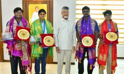 Andhra Pradesh chief minister Nara Chandrababu Naidu with the asian games medallists