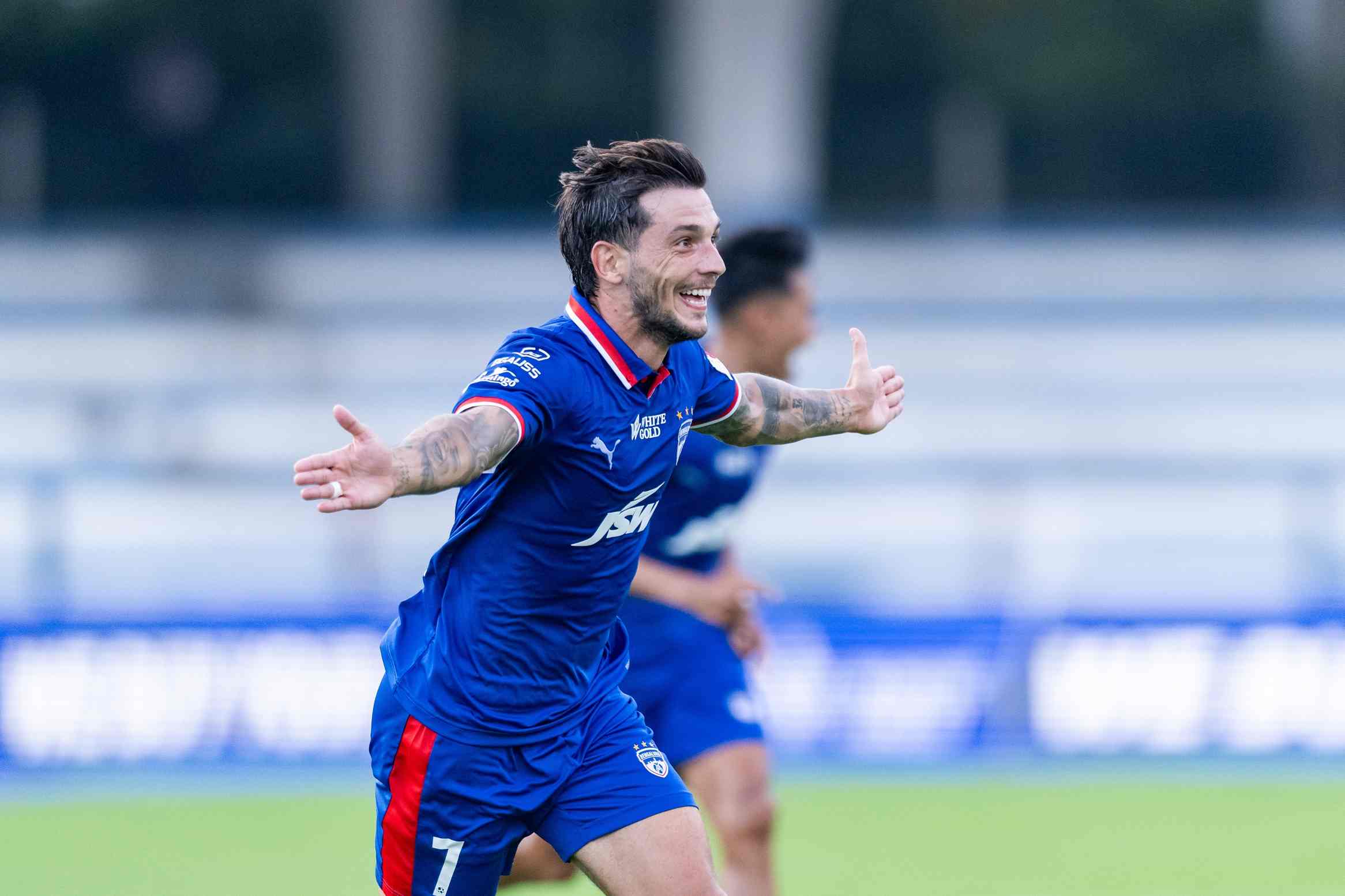 Bengaluru FC's Borja Martinez celebrates his goal against SC Delhi